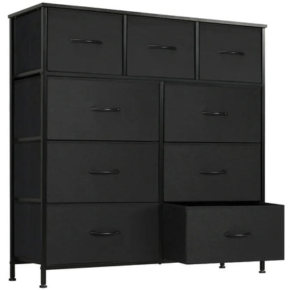Lockers for Bedroom with 9 Fabric Drawers, Tall Chest Organizer Units for Clothing, Closet, Kidsroom, Storage Tower with Cabinet, Metal Frame, Wooden Top, Lightweight Nursery Furniture - Black