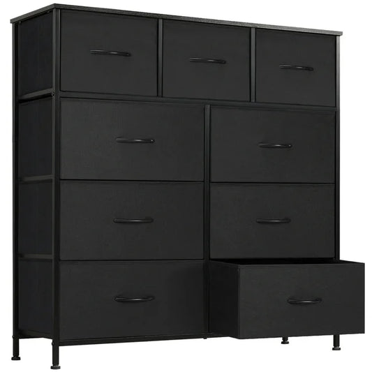 Lockers for Bedroom with 9 Fabric Drawers, Tall Chest Organizer Units for Clothing, Closet, Kidsroom, Storage Tower with Cabinet, Metal Frame, Wooden Top, Lightweight Nursery Furniture - Black