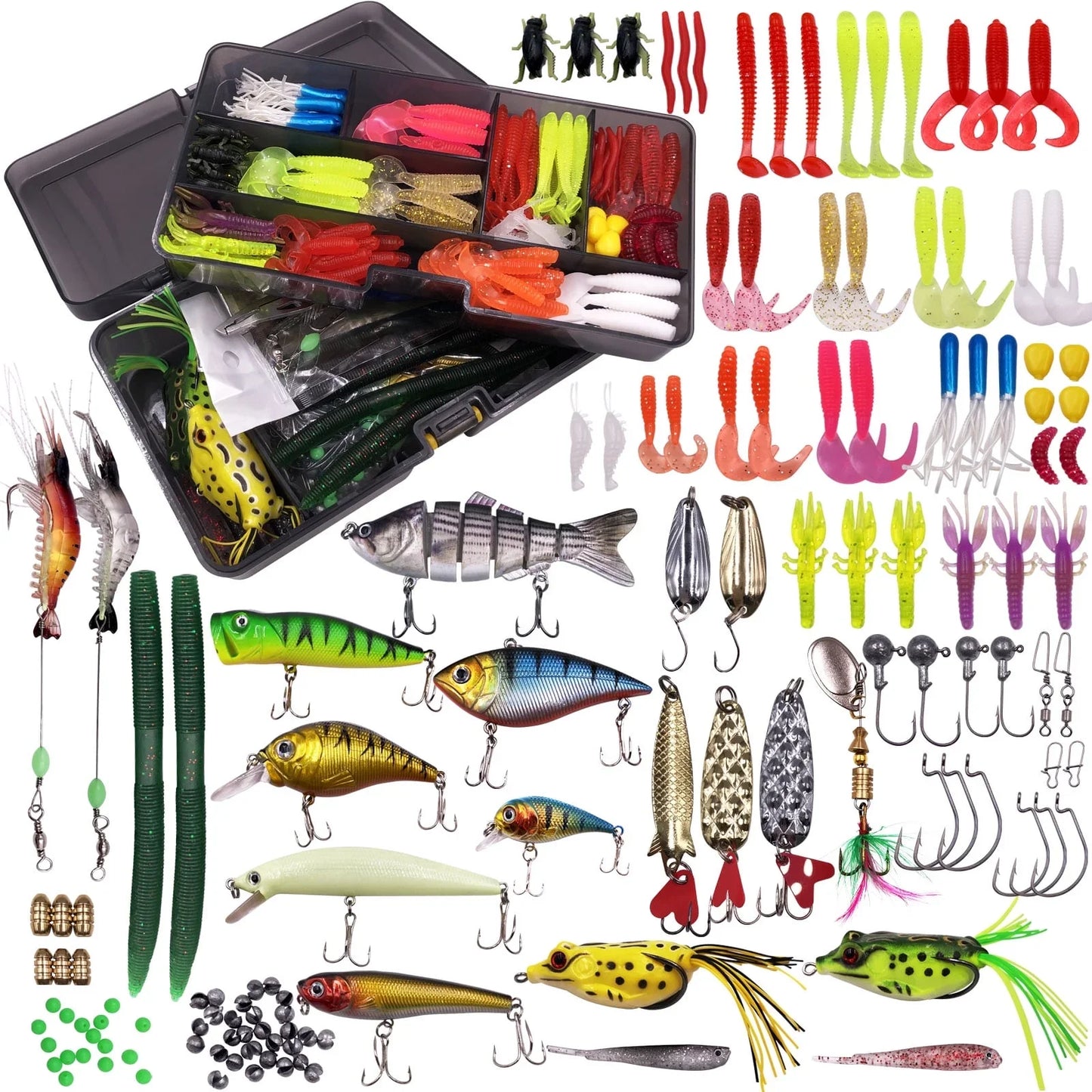 Luxvie 300Pcs Fishing Lures Kit for Bass, Freshwater Frog Lure with Free Tackle Box, Fishing Lure Set Including Combo Swimbaits, Crankbaits, Spinnerbaits, Plastic Worms, Jigs, Topwater Lures