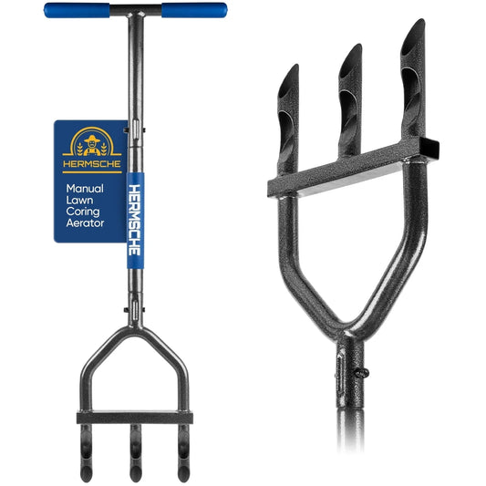 Luxvie Lawn Core Plug Aerator Manual Aerator Lawn Tool with Slope Aerators Top 3 Half-Open Slot Hollow Tine Heavy Duty Lawn Aerator Tool for Soils Yard Garden, Black(3 CORES)