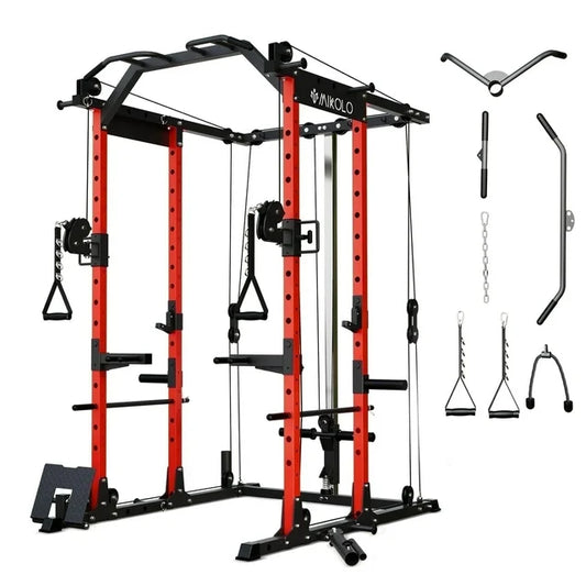 Mikolo Power Rack Cage, 1500 lbs Weight Rack with Cable Crossover Machine, Multi-Function Squat Rack with J Hooks, Dip Bars and Landmine for Home Gym (Red)