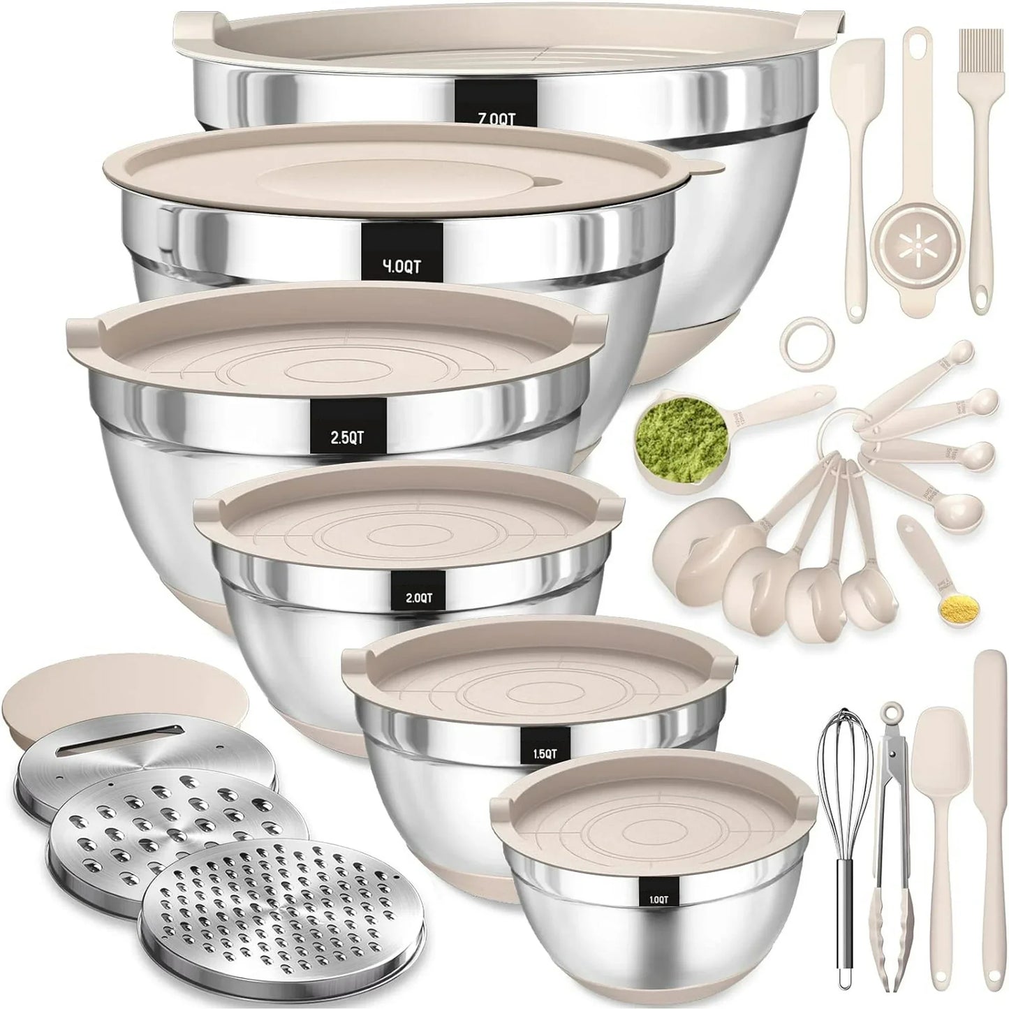 Mixing Bowls with Airtight Lids, 26Pcs Stainless Steel Bowls Set, 3 Grater Attachments & Black Non-Slip Bottoms Size 7, 4, 2.5, 2.0,1.5, 1QT, Great for Mixing & Serving