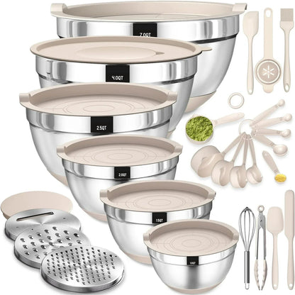 Mixing Bowls with Airtight Lids, 26Pcs Stainless Steel Bowls Set, 3 Grater Attachments & Black Non-Slip Bottoms Size 7, 4, 2.5, 2.0,1.5, 1QT, Great for Mixing & Serving