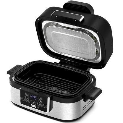 Moifoi 5-in-1 Electric Indoor Grill & Air Fryer Combo, 5QT Large Capacity, Stainless Steel Smokeless, Roast, Bake, Dehydrate, Beef & Fries