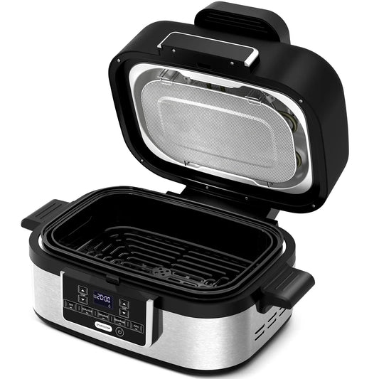 Moifoi 5-in-1 Electric Indoor Grill & Air Fryer Combo, 5QT Large Capacity, Stainless Steel Smokeless, Roast, Bake, Dehydrate, Beef & Fries