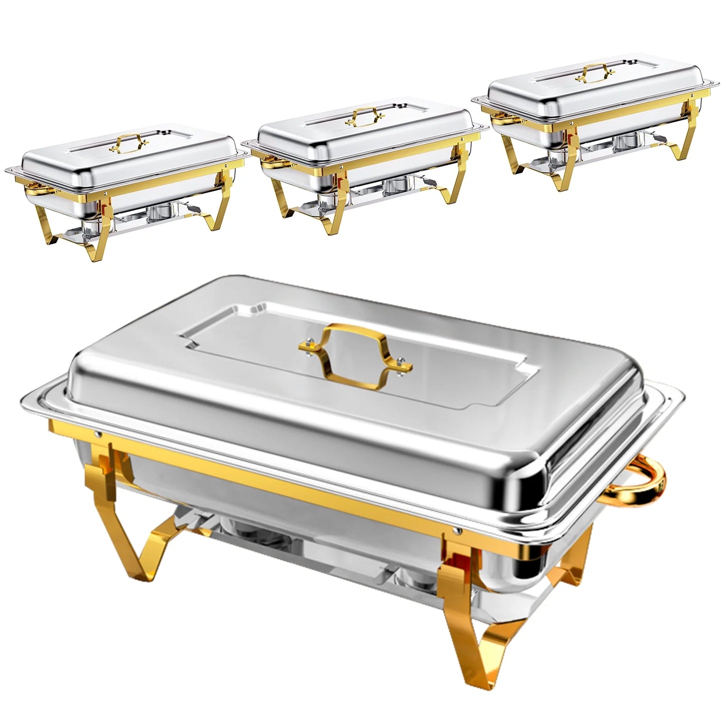 PRIJESSE 4 Pack Gold 9QT Chafing Dish with Half Size Food Pans, Complete Set Nonstick Stainless Steel Chafer Food Warmer