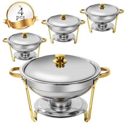 PRIJESSE 5 Qt Gold Chafing Dishes for Buffet with Stainless Steel Lid, Round Chafing Dish Buffet Set with Food and Water Pans for Catering, Parties, Hotels and Weddings, 4 Pack