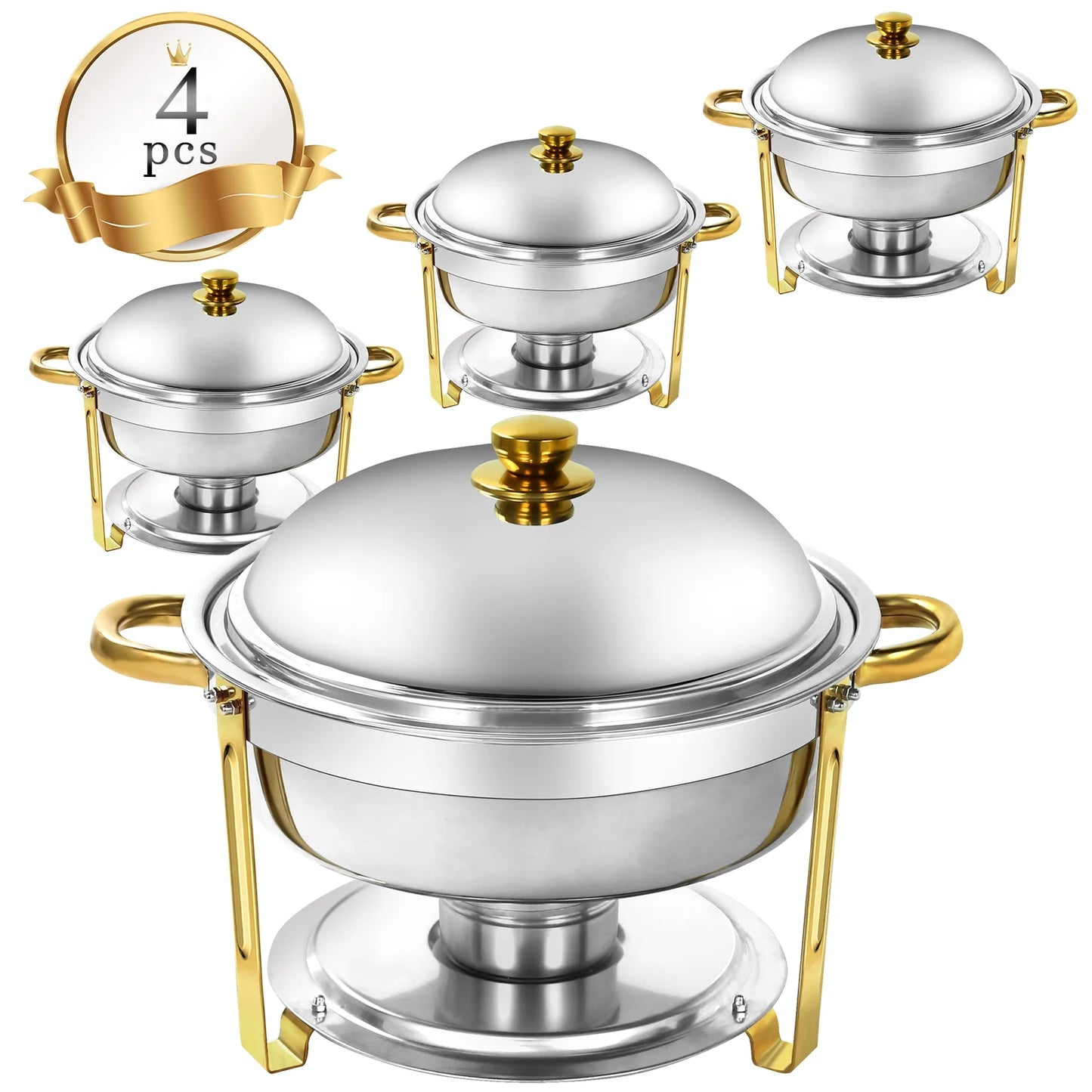PRIJESSE 6 Qt Gold Chafing Dishes for Buffet with Stainless Steel Lid, Round Chafing Dish Buffet Set with Food and Water Pans for Catering, Parties, Hotels and Weddings, 4 Pack