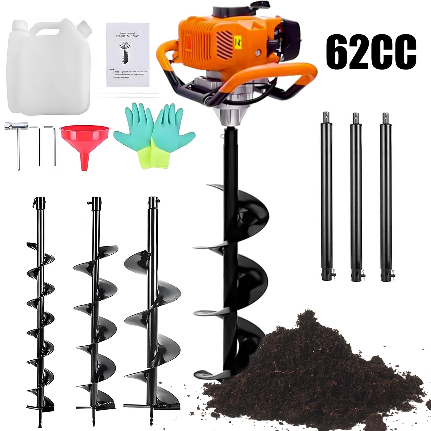 PRIJESSE Gas Powered Earth Digger with 3 Extension Rods + 3 Auger Drill Bits
