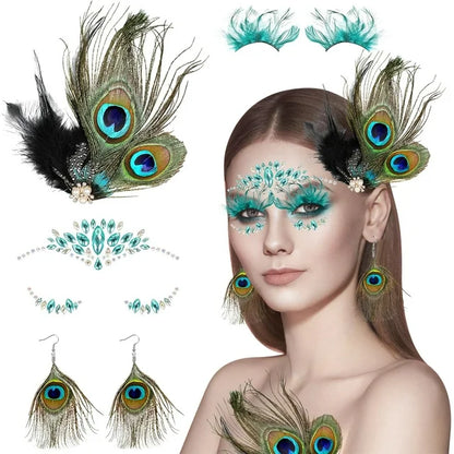 Peacock Feather Jewelry Set for Women Girls, Green Fascinator Feather Clip Earring Big Eyelashes and Glitter Face Jewels Makeup Stickers for Halloween Carnival Festival Party Hair Face Decorations
