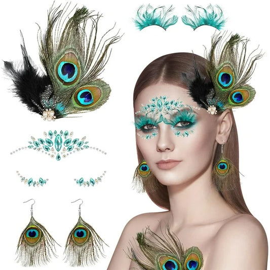 Peacock Feather Jewelry Set for Women Girls, Green Fascinator Feather Clip Earring Big Eyelashes and Glitter Face Jewels Makeup Stickers for Halloween Carnival Festival Party Hair Face Decorations