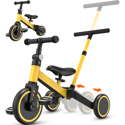 TNTANTS 4 in 1 Toddler Bike, Kids Tricycle for 1-5 Years Old, Toddler Tricycle for Boy Girl, Baby Balance Bike with Parent Steering Push Handle, Removable Pedal, Adjustable Seat Yellow