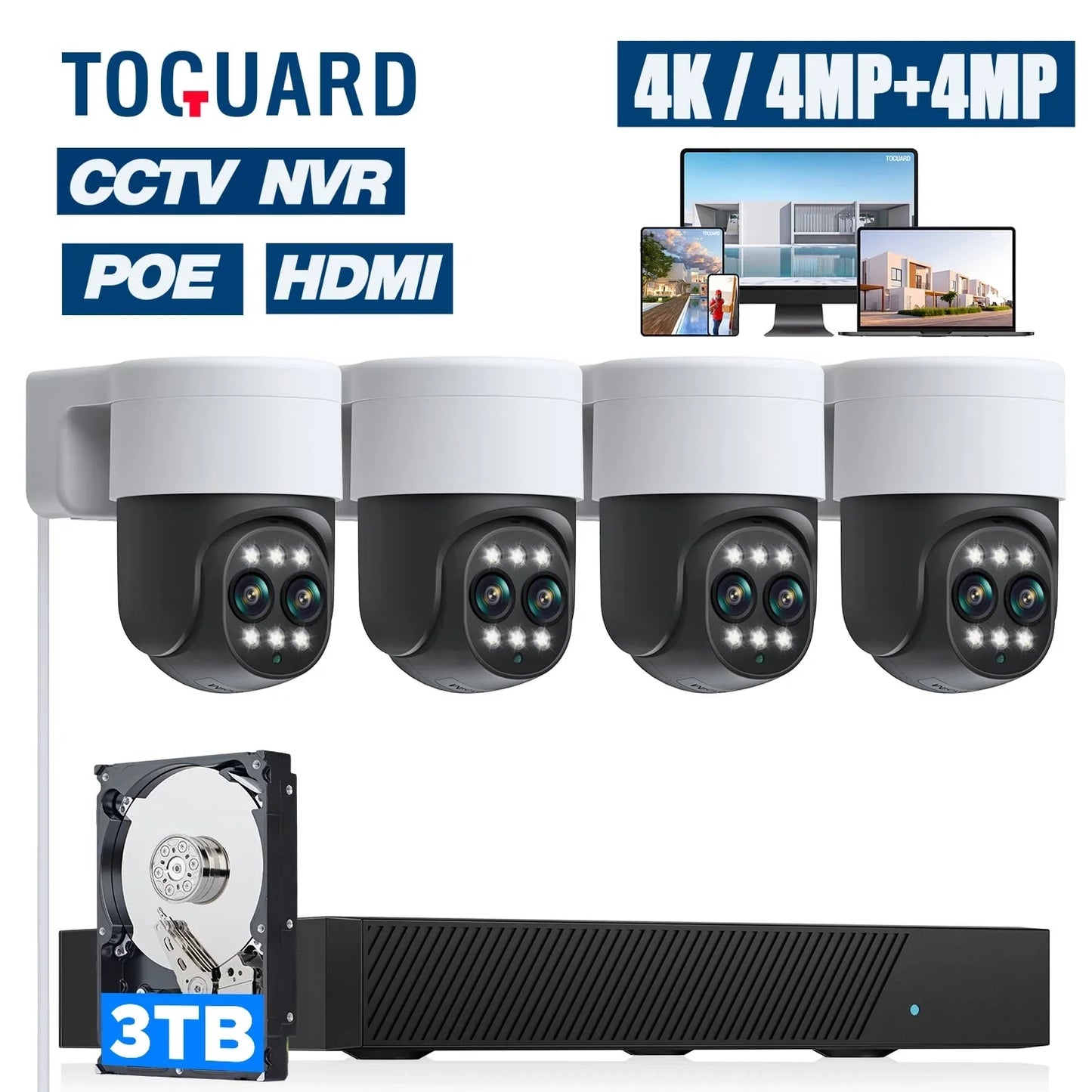 TOGUARD SC46 POE Wired Security Camera System Outdoor with 3TB Hard Drive 4K 8CH CCTV NVR 4Pcs 4MP+4MP Zoom PTZ Dome Surveillance Cameras HDMI Connector