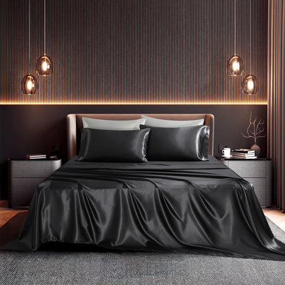 TURKIO Satin Sheets Queen Silk Sheets Black Bed Sheet Set,4 Pieces 1800 Microfiber 2 Pillowcase 20"x30"
