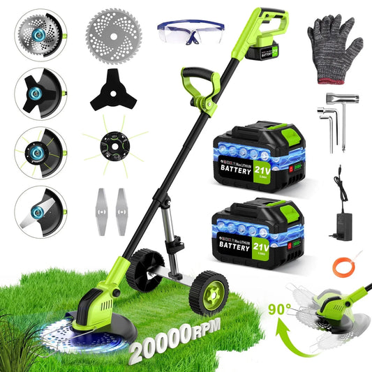 Tanbaby 12 inch String Trimmer, 21V Cordless Electric Edger, 4-in-1 Brushless Motor Weed Wacker Kit, with 800W 3.0Ah Battery*2 & 4 Types Cutting Blades for Lawn and Garden