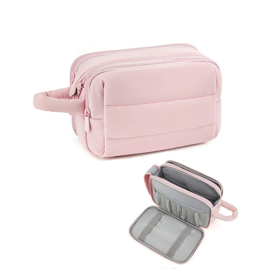 Travel Toiletry Bag for Women, Puffy Cosmetic Makeup Bag Organizer, Large Wide-open Travel Bag for Toiletries, Dopp Kit Water-resistant Shaving Bag for Accessories-Pink