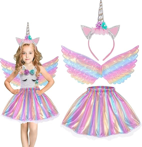 Unicorn Costume Kids Tutu Skirt for Girls with Unicorn Wings Headband Unicorn Dress for Birthday Outfit Christmas New Year Cosplay