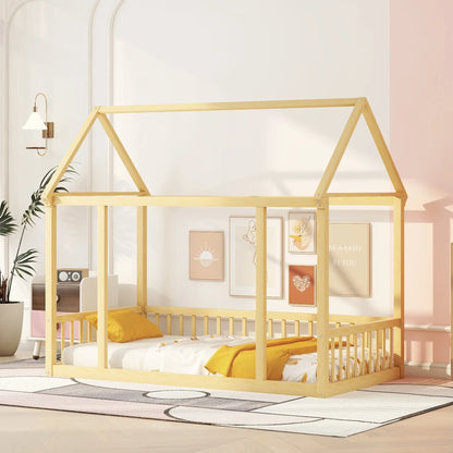 VLDTDRDI Twin Floor Bed with Door and High Fence,Pine Wood Kids Bed,House Bed for Kids, Girls, Boys, Floor Bed Without Slats,Natural