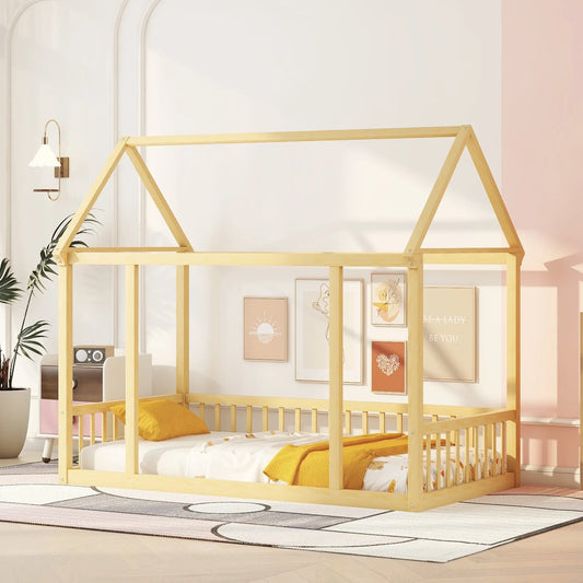 VLDTDRDI Twin Floor Bed with Door and High Fence,Pine Wood Kids Bed,House Bed for Kids, Girls, Boys, Floor Bed Without Slats,Natural