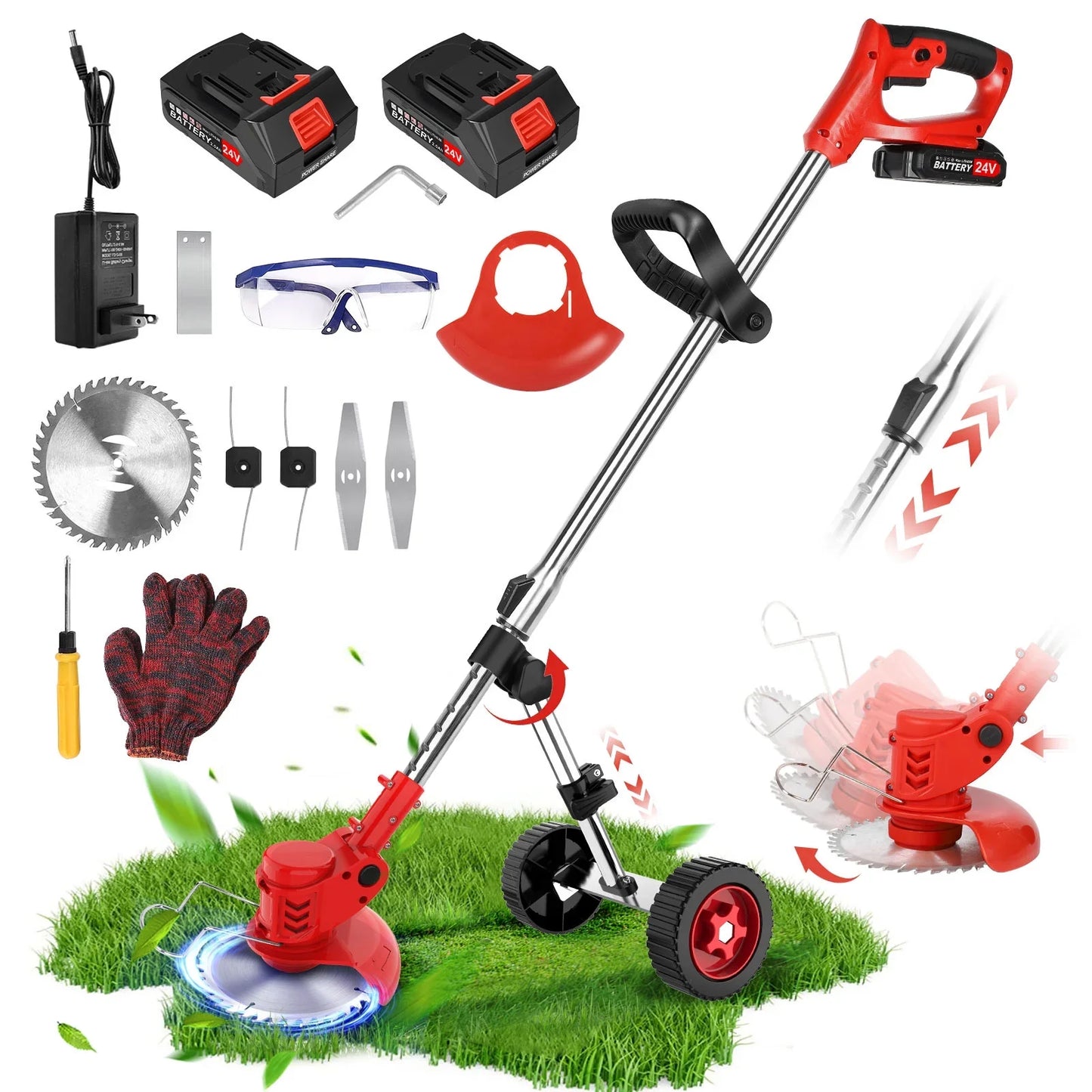 Weed Eaters Cordless with 2024 Upgraded Metal Wheels, Tanbaby 3-IN-1 Battery Powered Grass Trimmer & String Trimmer/Edger Kit for Lawn Garden Pruning/Trimming