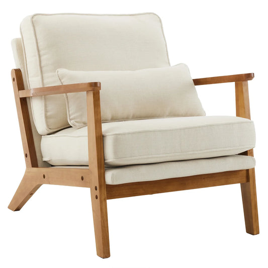 Zimtown Arm Chair, Modern Walnut Oak Accent Chair, Upholstered Cotton Linen Single Chair, Milky White