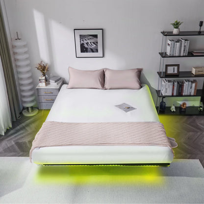 Zimtown Full 14" Floating Bed Frame with USB Charging and LED Lights, Metal Platform Bed, Black