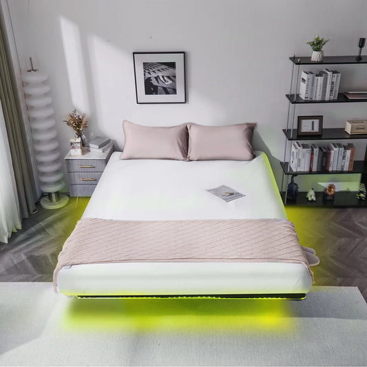 Zimtown Full 14" Floating Bed Frame with USB Charging and LED Lights, Metal Platform Bed, Black