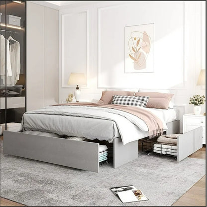 Zimtown Full Size Platform Bed Frame with 3 Storage Drawers, Fabric Upholstered, Teen, Adult, Grey