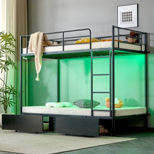 Zimtown Metal Twin-over-Twin Bunk Bed with 2 Drawers and Charging Station, Black