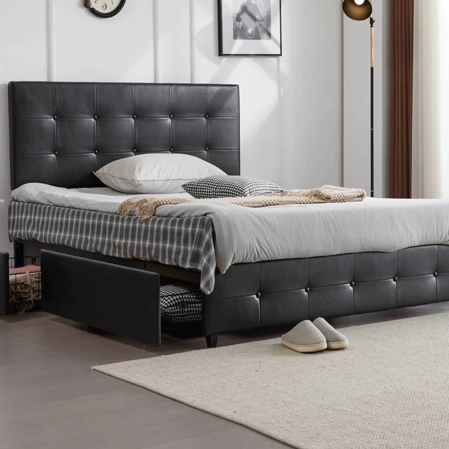 Zimtown Queen Size Upholstered Platform Bed Frame with 4 Drawers and Tufted Headboard, Black