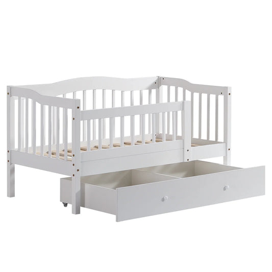 Zimtown Toddler Daybed, Wood Kids Day Bed Frame with Storage Drawer, Children Classic Sleeping Bedroom Furniture w/Safety Rail Fence (White)
