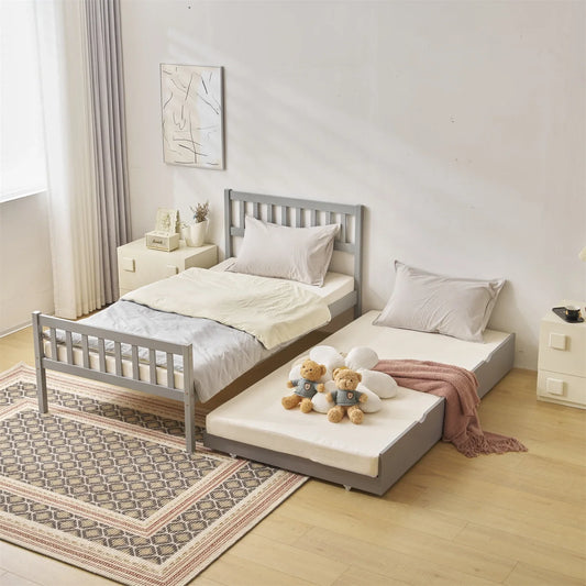 Zimtown Twin Bed with Trundle, Solid Wood Bed Frames with Headboard and Wooden Slats Support, Twin Trundle Bed Frame Roll Out, Gray
