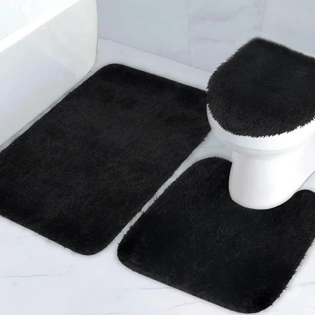 Aiteng 3Pcs Bathroom Rugs Sets with Toilet Lid Cover Non Slip Extra Absorbent Plush Soft Washable Bath Rugs and Mats Set, Black