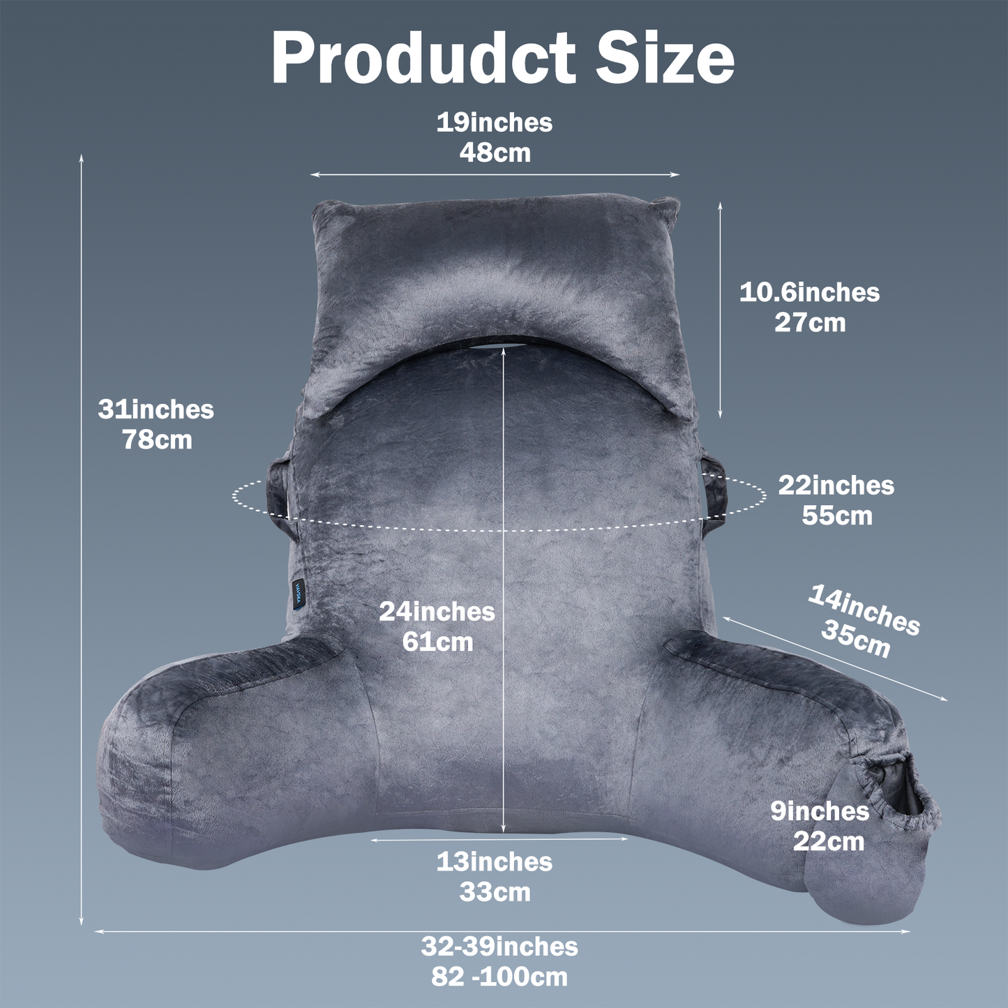 Reading Pillow, Extra Large 31" Back Support Pillow with Detachable Neck Roll, Bed Rest Pillow with Arms, 4 Pockets for Bed Rest Reading Watching TV Gaming