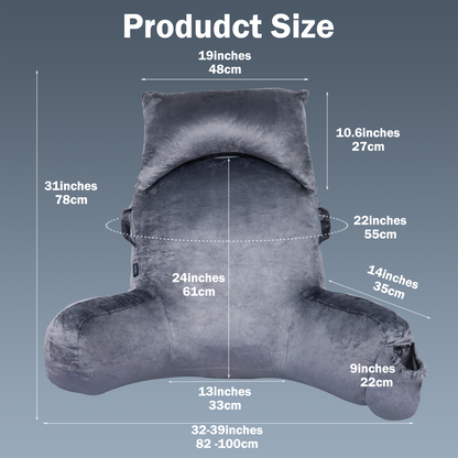 Reading Pillow, Extra Large 31" Back Support Pillow with Detachable Neck Roll, Bed Rest Pillow with Arms, 4 Pockets for Bed Rest Reading Watching TV Gaming