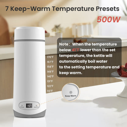 Travel Electric Kettle, Small Portable Tea Coffee Kettle, Hot Water Boiler with 8 Temperature Control,New, White