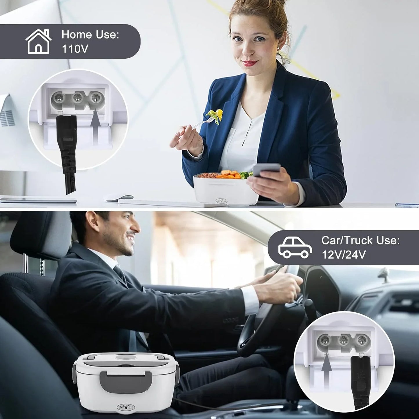 Electric Lunch Box Food Heater, AOKIWO 60-80W Electric Heating Lunch Boxes Lunch for Car/Men/Adults/Home/Work, 1.5L Removable 304 Stainless Steel Container, 110V/12V/24V, with Fork & Spoon