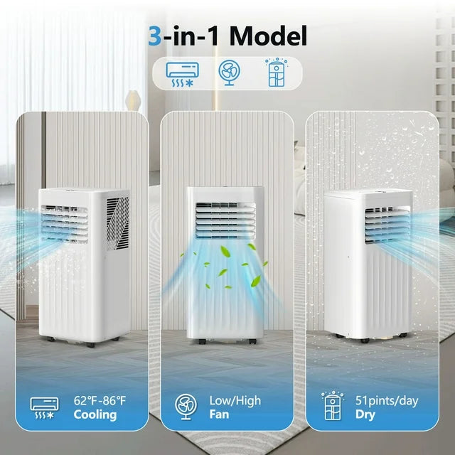 KISSAIR 5,000 BTU (8,000 BTU ASHRAE) Portable Air Conditioner – 3-in-1 AC, Dehumidifier & Fan with 24-Hour Timer