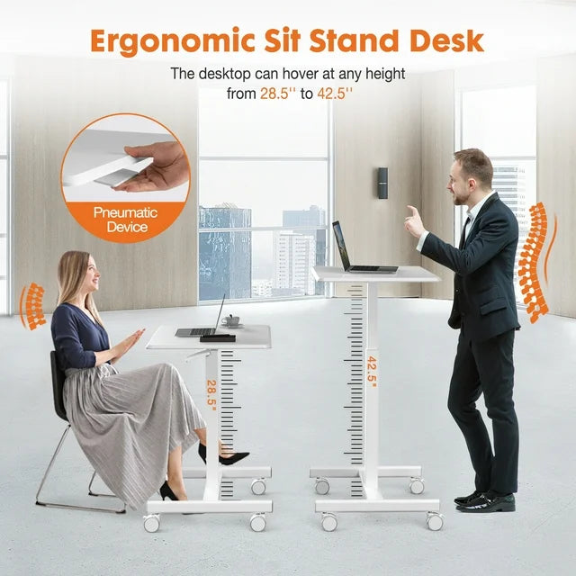 Mobile Rolling Standing Desk - Overbed Table, Teacher Podium with Wheels, Adjustable Work Table, Rolling Desk Laptop Computer Cart for Home, Office, Classroom - White