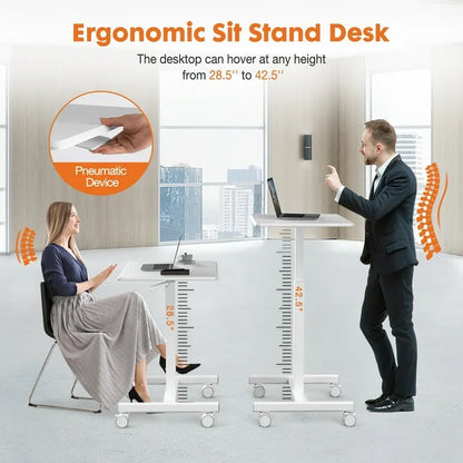 Mobile Rolling Standing Desk - Overbed Table, Teacher Podium with Wheels, Adjustable Work Table, Rolling Desk Laptop Computer Cart for Home, Office, Classroom - White