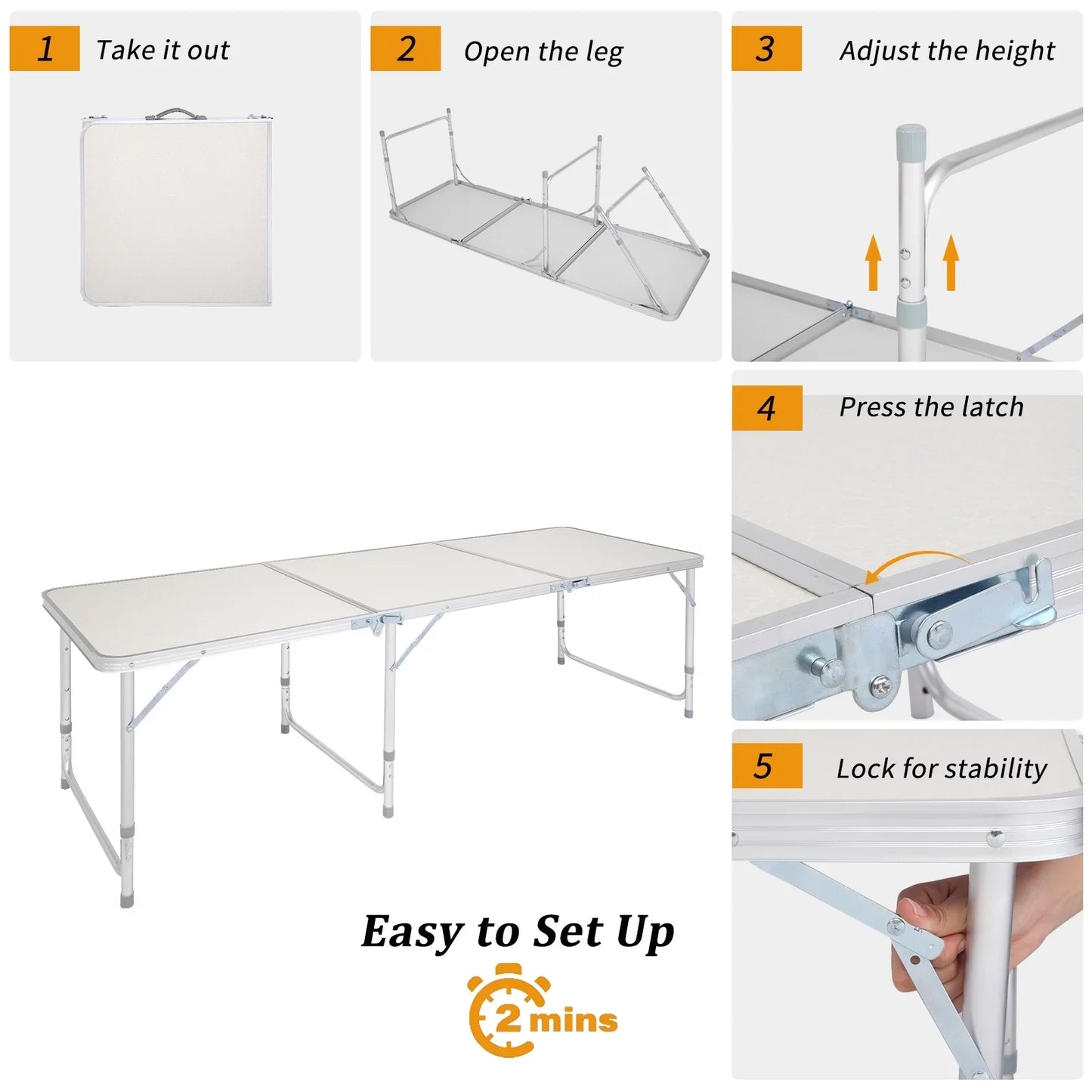 Ktaxon 6' Outdoor Portable Aluminum Camping Picnic Table, 3-Level Adjustable Height Metal Folding Dining Table, Use for Camping Party Wedding Garden Commercial Entertaining Events, White