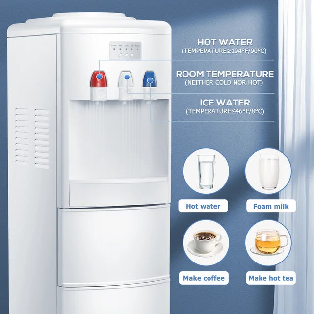 LHRIVER 5 Gallon Water Cooler Dispenser with Built-in Ice Maker, Top Loading Water Dispenser 3 in 1 Hot/Cold/Room Temperature, Child Lock,White