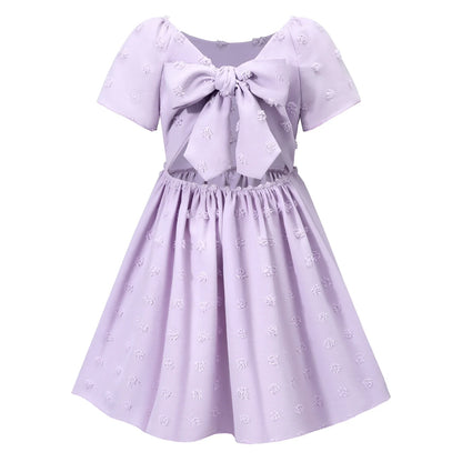 HILEELANG Little Girl Easter Dress Short Sleeve Summer Lavender Casual Tie Back Princess Elegant Party Dress 4-5T