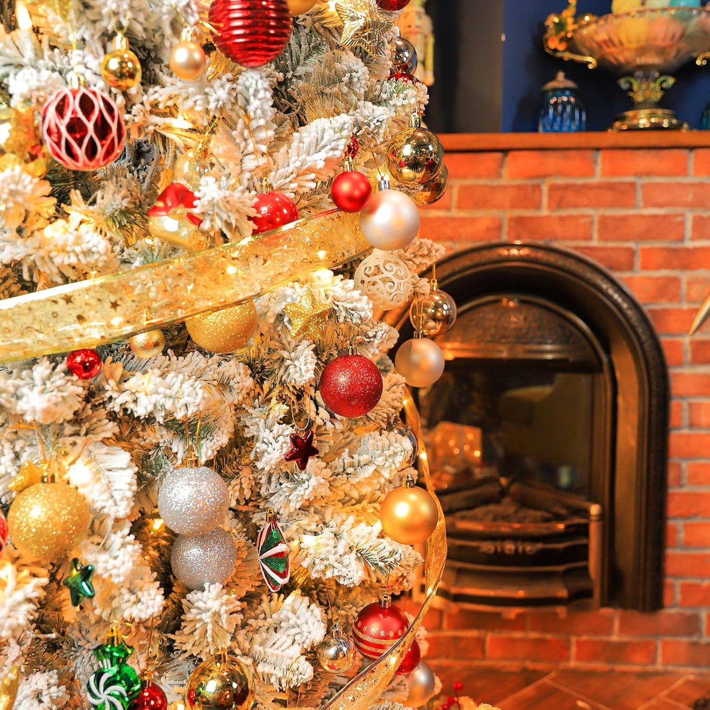 7.5ft Snow Flocked Artificial Holiday Christmas Pine Tree for Home, Office, Party Decoration With Warm Lights