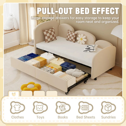 VLDTDRDI Twin Size Daybed with Trundle,Velvet Upholstered Sofa Bed Daybed Frame,Solid Wood Daybed for Bedroom Living Room Kids Room