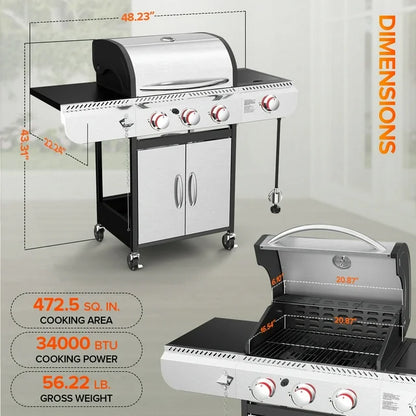 LHRIVER 3 Burner Propane Gas Grill with Side Burner, Stainless Steel 34,000 BTU Patio Garden Barbecue Grill