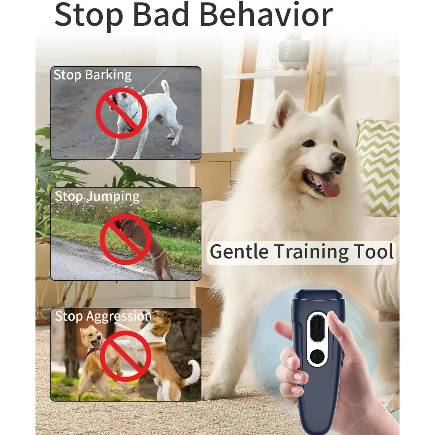 Dog Barking Control Devices Dual Sensor Anti Barking Device, Ultrasonic Dog Bark Deterrent Rechargeable/LED Flashlight, Dog Barking Deterrent Dog Whistle with Dog Training Behavior Aids 25 feet Range