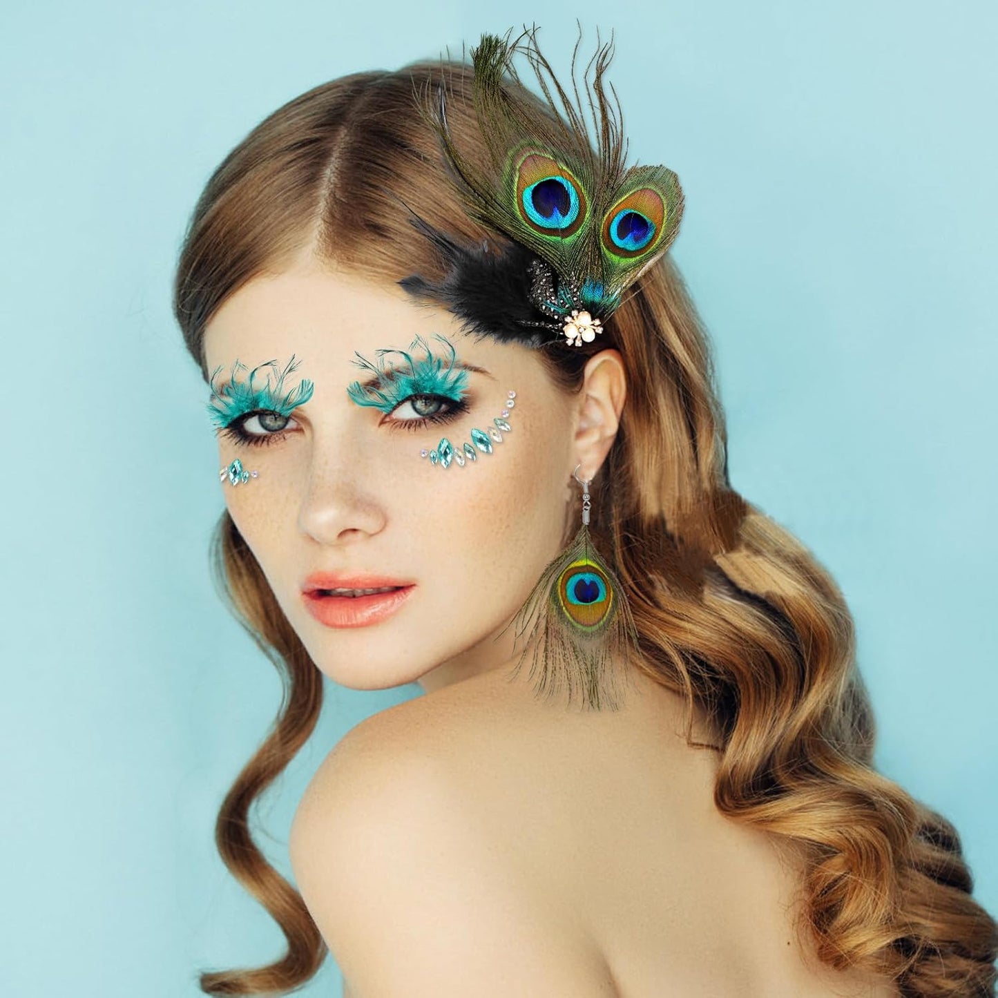 Peacock Feather Jewelry Set for Women Girls, Green Fascinator Feather Clip Earring Big Eyelashes and Glitter Face Jewels Makeup Stickers for Halloween Carnival Festival Party Hair Face Decorations