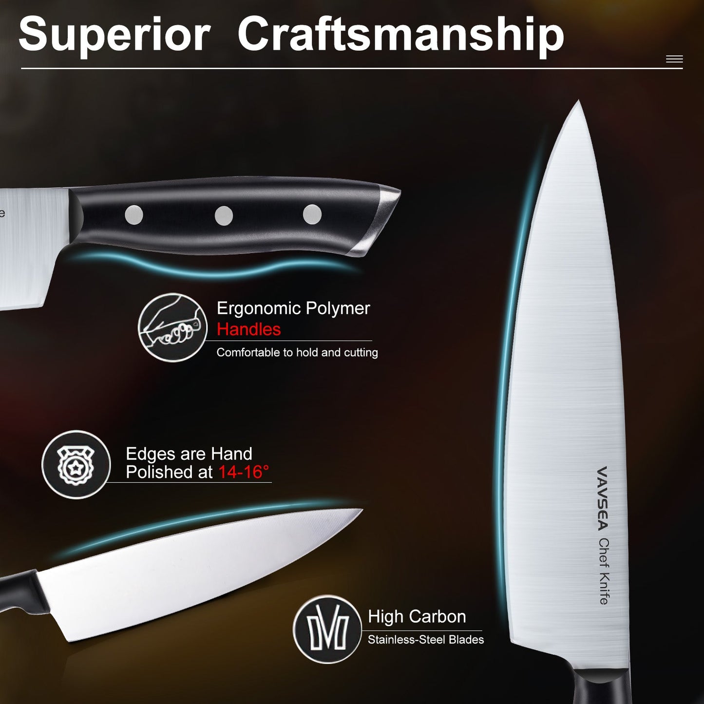 Knife Block Set,12 Pcs German Stainless Steel Kitchen Knife Set with Block, Knives Set with Self Sharpening, Dishwasher Safe, Anti-slip Handle, Black