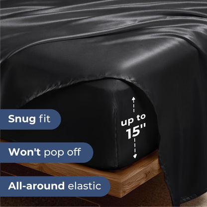 TURKIO Satin Sheets Queen Silk Sheets Black Bed Sheet Set,4 Pieces 1800 Microfiber 2 Pillowcase 20"x30"